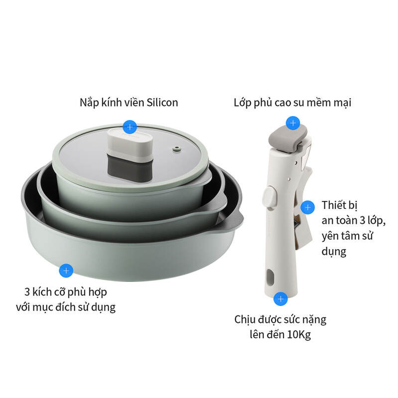 Bộ nồi chảo chống dính Suit Lock&Lock Detachable 18cm - 22cm - 26cm tay cầm có thể tháo rời màu xanh Mint SDE1181IHS01, , large image number null